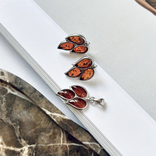 Cognac amber drop earrings, in rhodium-plated 925 silver