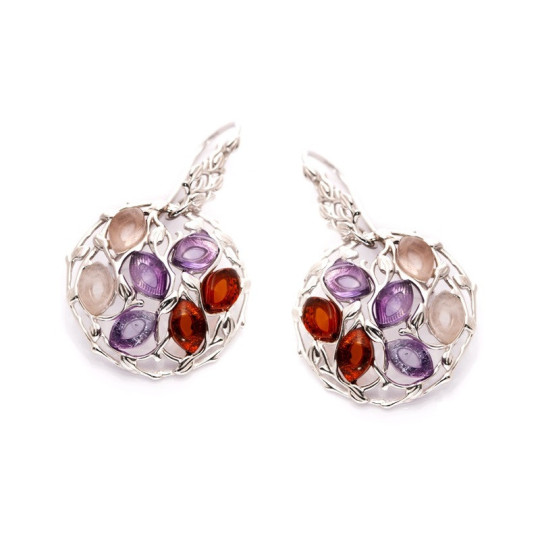 Round multi-stone stud earrings, amber and quartz, in rhodium-plated 925 silver