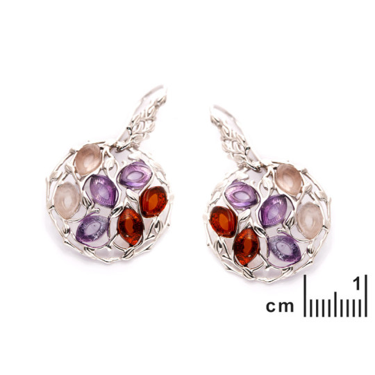 Round multi-stone stud earrings, amber and quartz, in rhodium-plated 925 silver