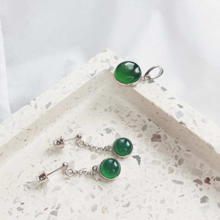 Boucles d'oreilles pendantes rondes en agate verte, en argent 925 rhodié