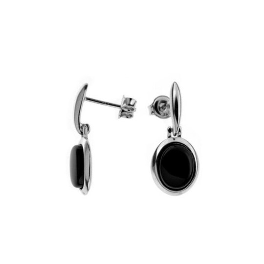 Boucles d'oreilles pendantes en agate noire ovale, en argent 925 rhodié