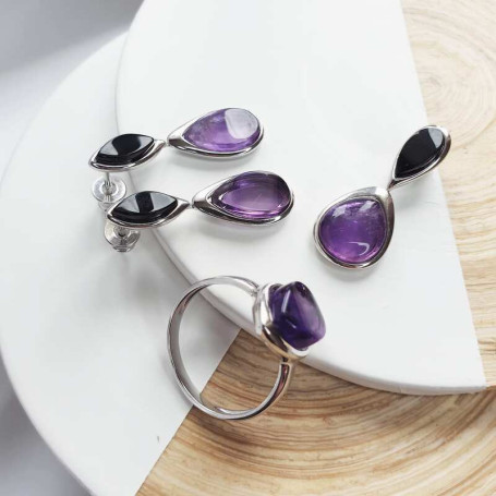Amethyst and agate drop earrings, rhodium-plated 925 silver