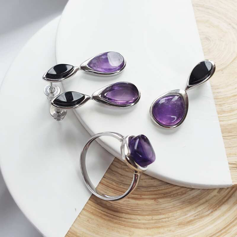 Boucles d'oreilles pendantes en améthyste et agate, en argent 925 rhodié