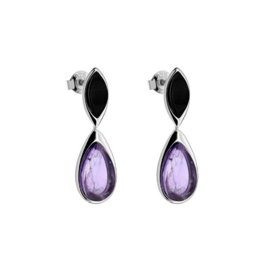 Amethyst- und Achat-Tropfenohrringe, rhodiniertes 925er Silber