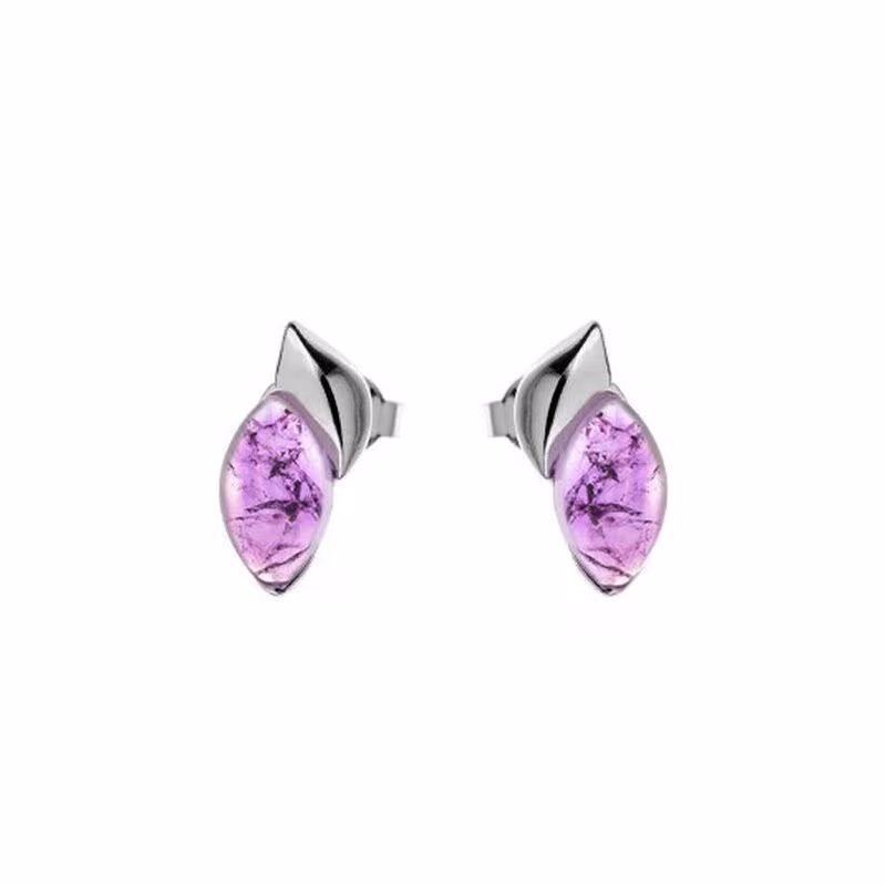 Natürliche lila Amethyst-Navette-Ohrstecker, in rhodiniertem 925er Silber