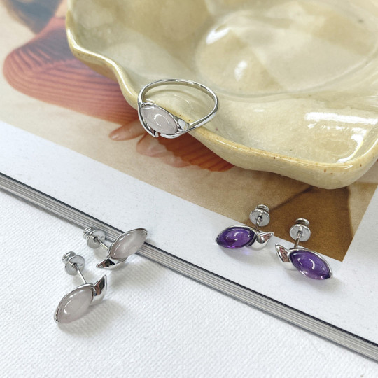 Clous d'oreilles en quartz rose naturel, en argent 925 rhodié
