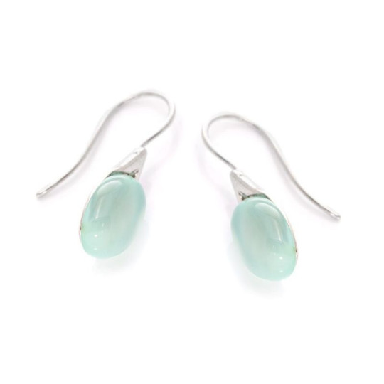 Oval blue agate dangle earrings, rhodium-plated 925 silver