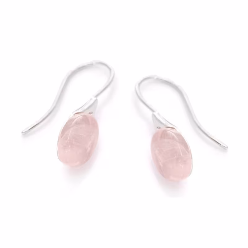 Boucles d'oreilles pendantes en quartz rose ovale, en argent 925 rhodié