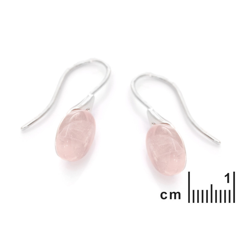 Oval rose quartz drop earrings, rhodium-plated 925 silver