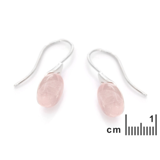 Oval rose quartz drop earrings, rhodium-plated 925 silver
