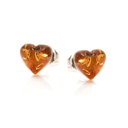 Orecchini a bottone a forma di cuore in ambra naturale color cognac, argento 925