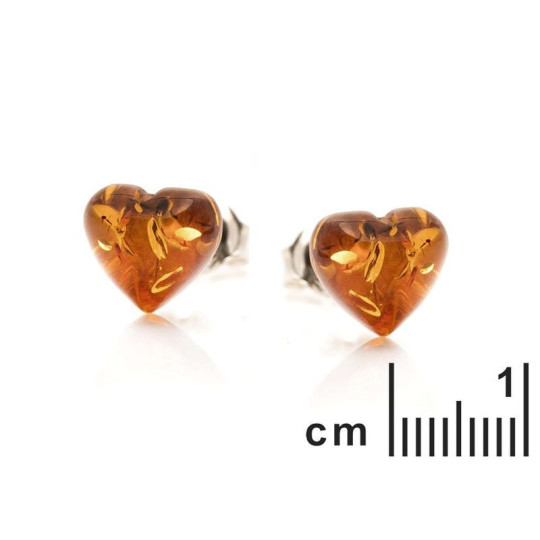 Clous d'oreilles coeurs en ambre cognac naturel, en argent 925