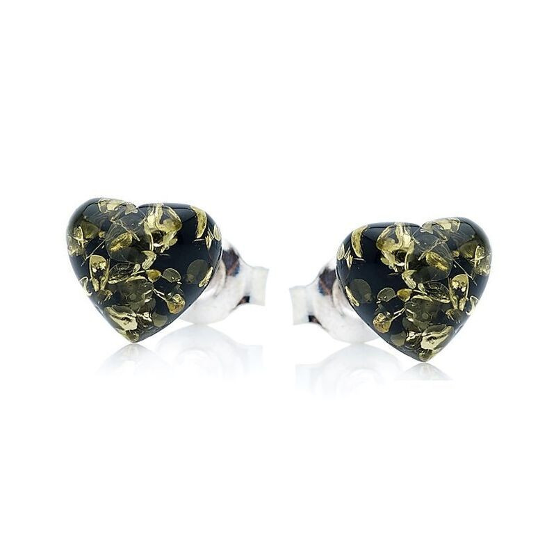 Clous d'oreilles coeurs en ambre vert naturel, en argent 925