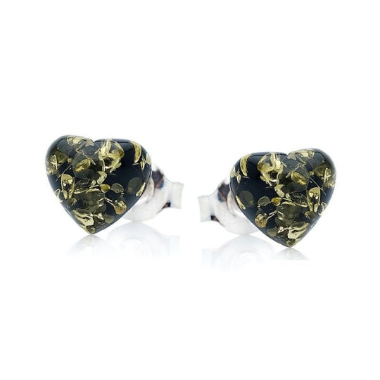 Orecchini a bottone a forma di cuore in ambra verde naturale, argento 925
