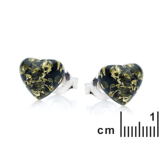 Natural green amber heart stud earrings, 925 silver