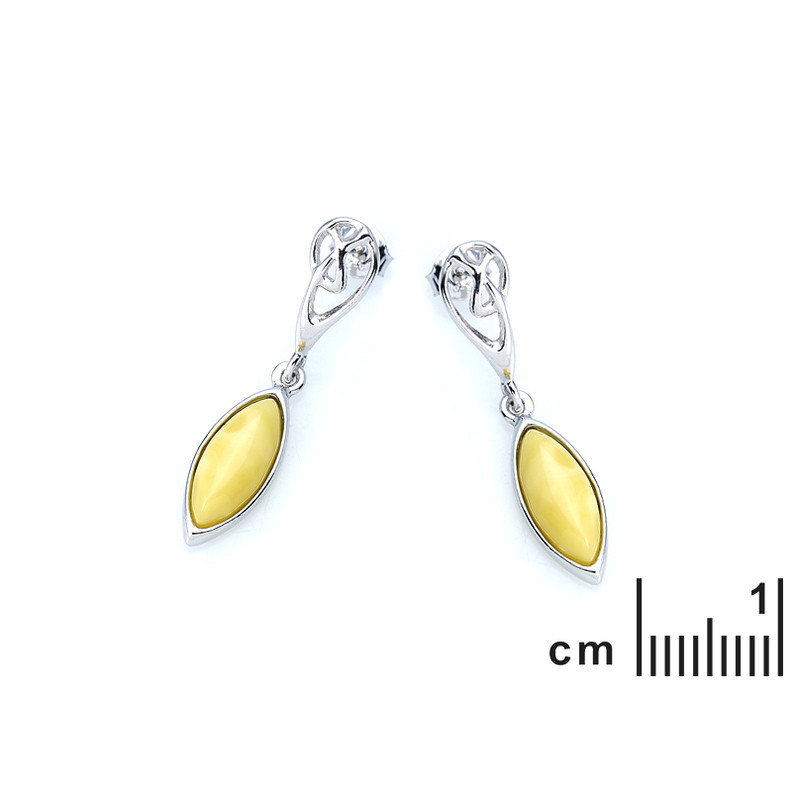 Pendientes de gota de ámbar color miel con forma de navette, en plata 925 rodiada