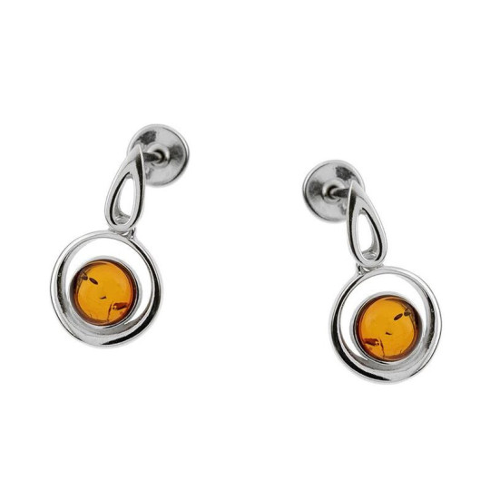 Round cognac amber drop earrings in rhodium-plated 925 silver