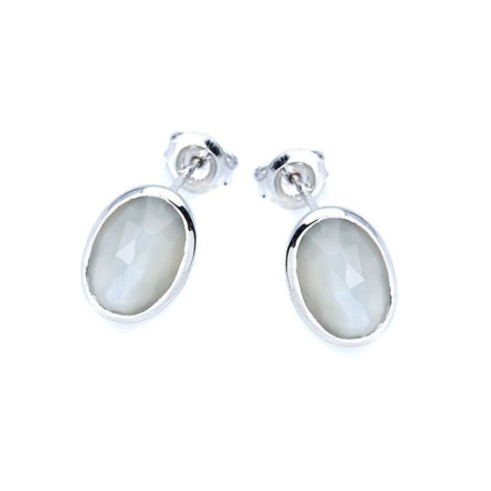 Oval white moonstone stud earrings, rhodium-plated 925 silver