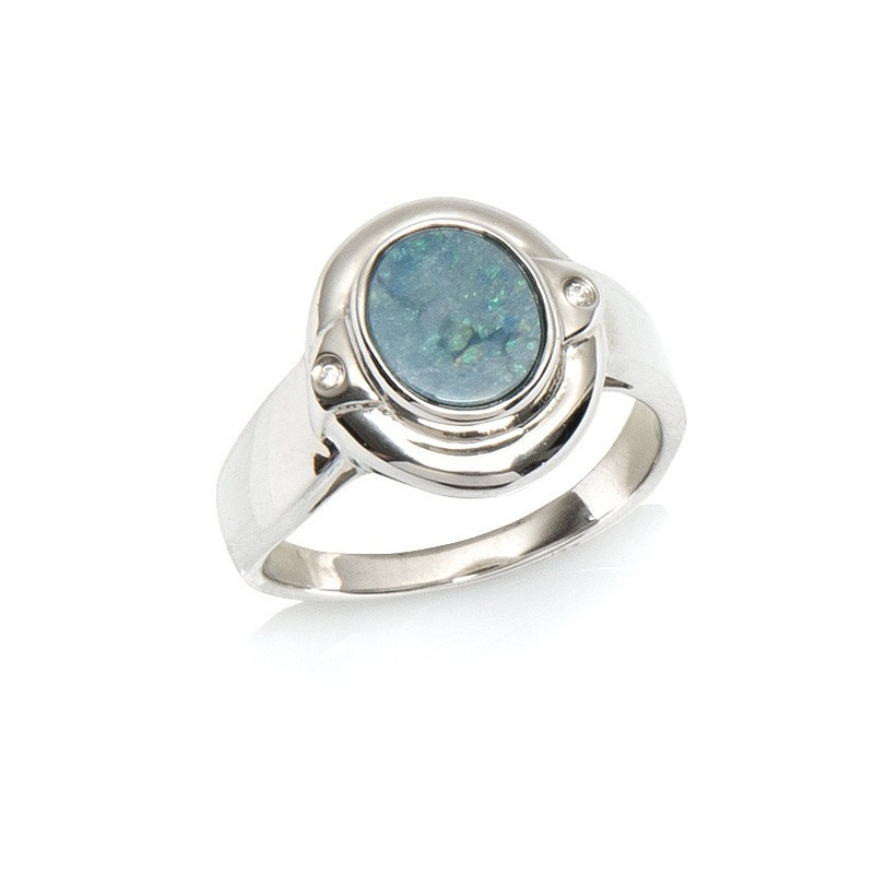 Bague en opale doublet ovale et oxyde de zirconium, en argent 925 rhodié