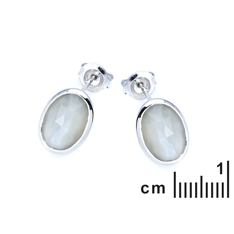 Oval white moonstone stud earrings, rhodium-plated 925 silver