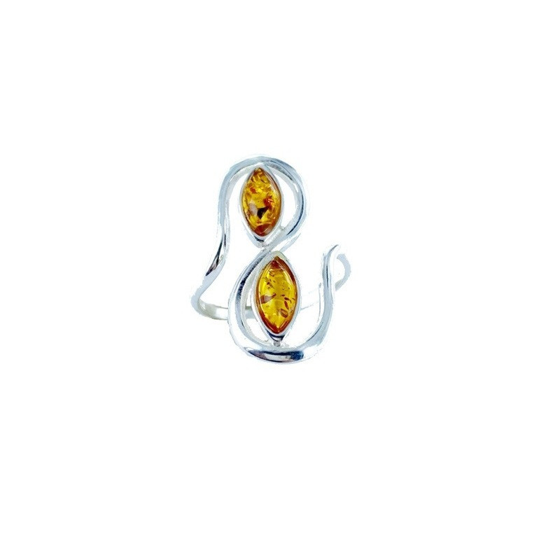 Baltic Sea cognac amber multi-stone ring, navette, in 925 silver