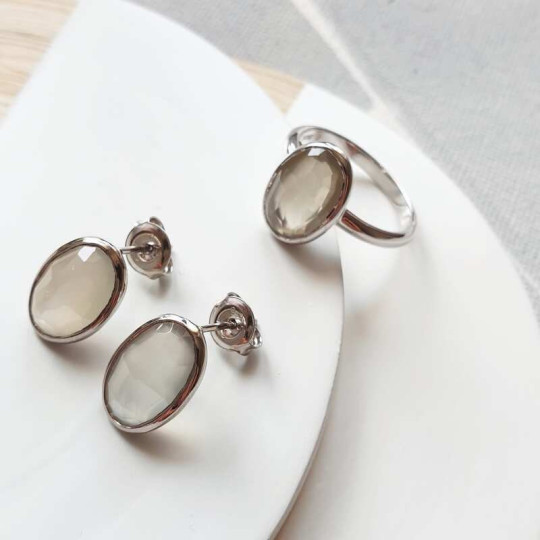 Oval white moonstone stud earrings, rhodium-plated 925 silver