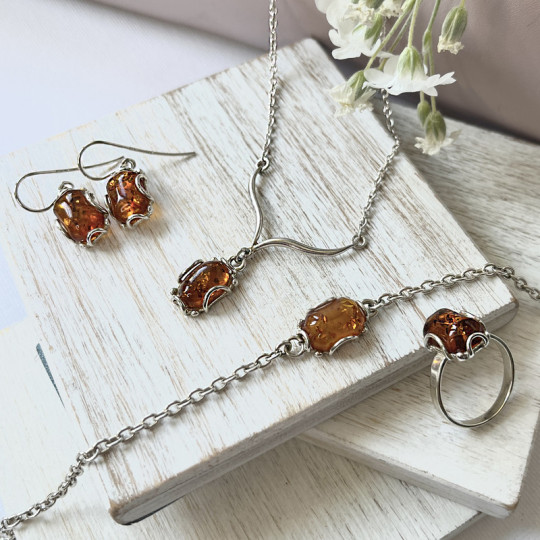 Rectangular Baltic Sea cognac amber ring, 925 silver