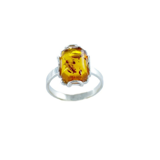 Bague en ambre cognac de la mer Baltique rectangulaire, en argent 925