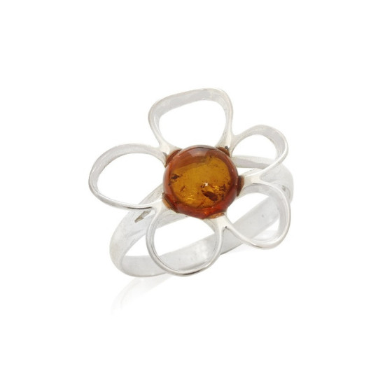 Bague fleur en ambre cognac naturel rond, en argent 925