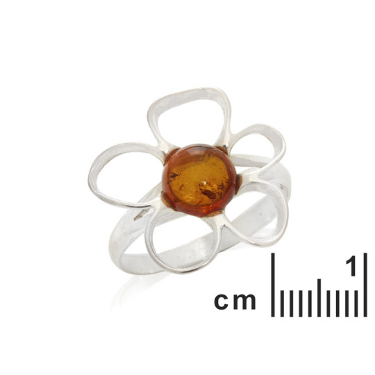 Bague fleur en ambre cognac naturel rond, en argent 925