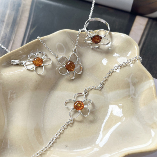 Natürlicher runder Cognac-Bernstein-Blumenring, 925er Silber