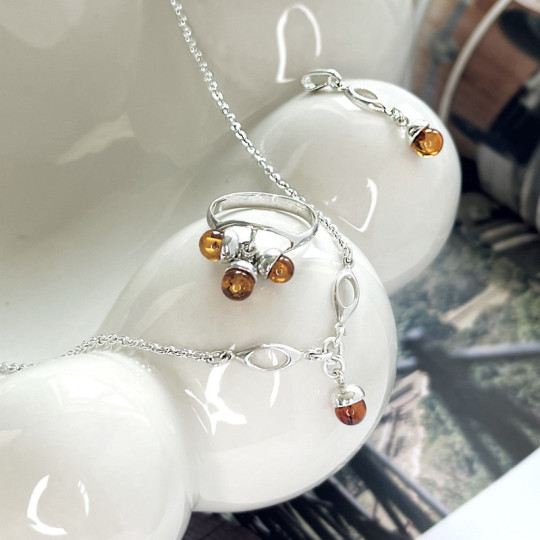 Anillo de ámbar coñac del Mar Báltico, bola, plata 925