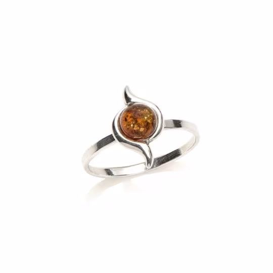 Anillo de ámbar coñac natural del mar Báltico, redondo, en plata 925