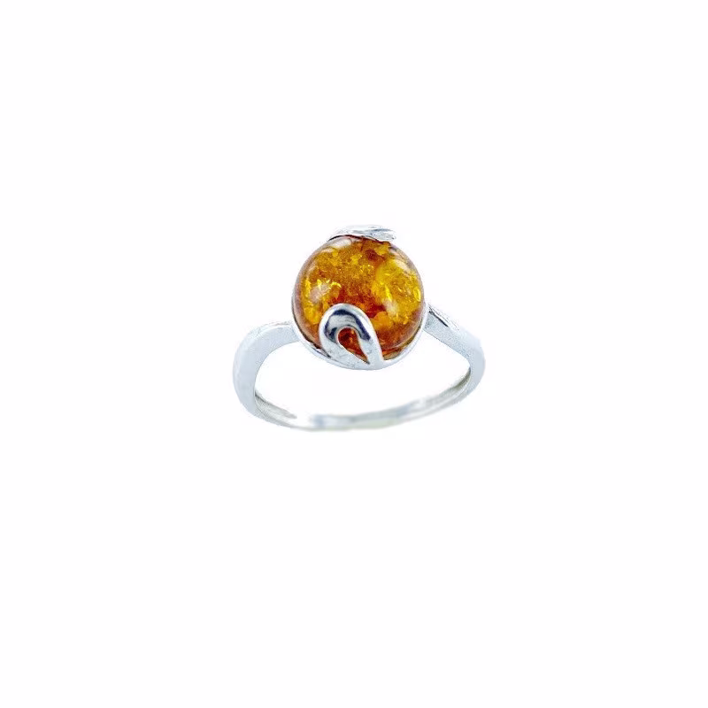 Bague en ambre cognac naturel de la mer Baltique rond, en argent 925