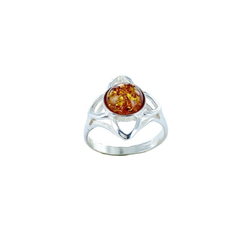Anello a forma di fiore in ambra naturale color cognac, argento 925