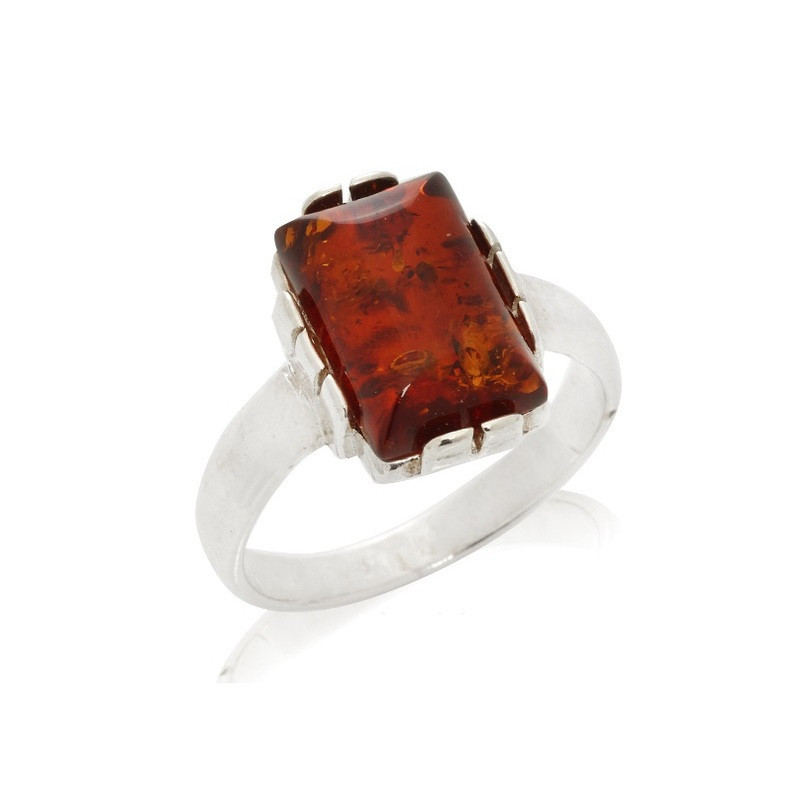 Anello rettangolare in ambra naturale color cognac del Mar Baltico, argento 925