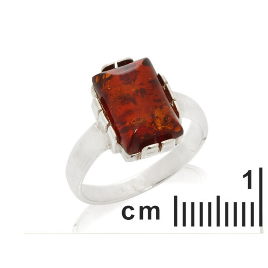 Anello rettangolare in ambra naturale color cognac del Mar Baltico, argento 925