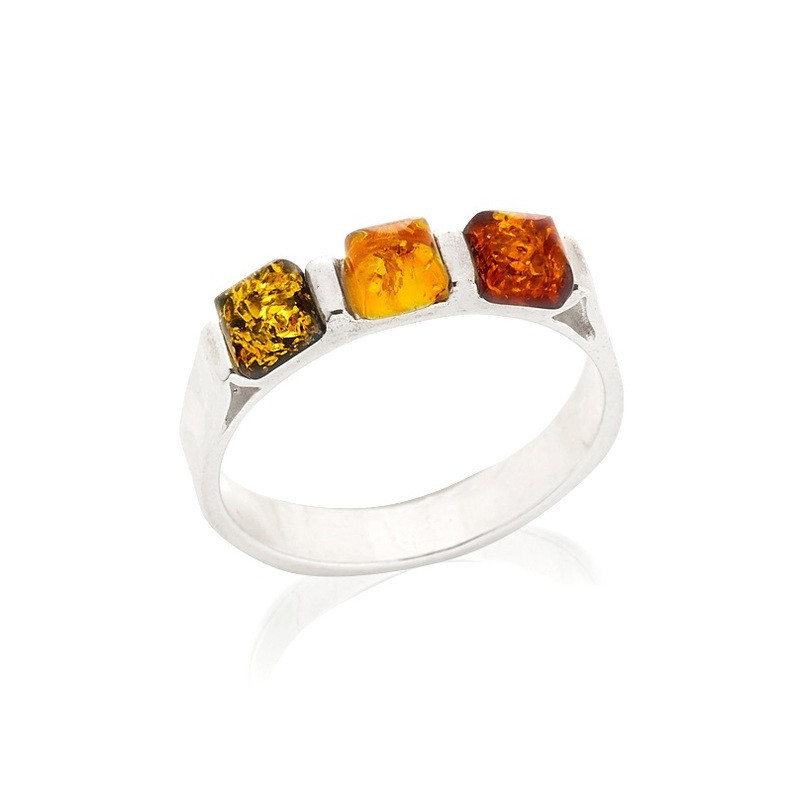 Square Baltic Sea amber multi-stone ring, 925 silver