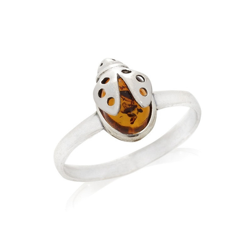Bague coccinelle en ambre cognac naturel ovale, en argent 925