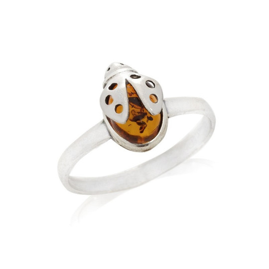 Bague coccinelle en ambre cognac naturel ovale, en argent 925