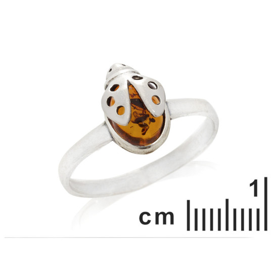 Anillo ovalado de mariquita de ámbar coñac natural, plata 925