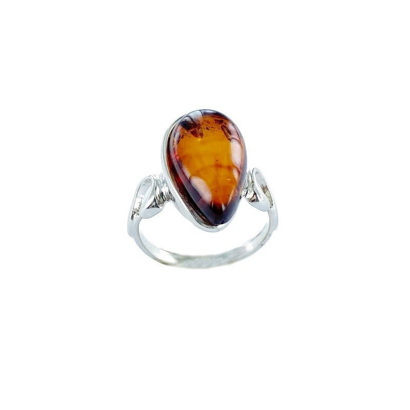 Anillo grande con piedra de ámbar coñac del mar Báltico en forma de gota, plata 925