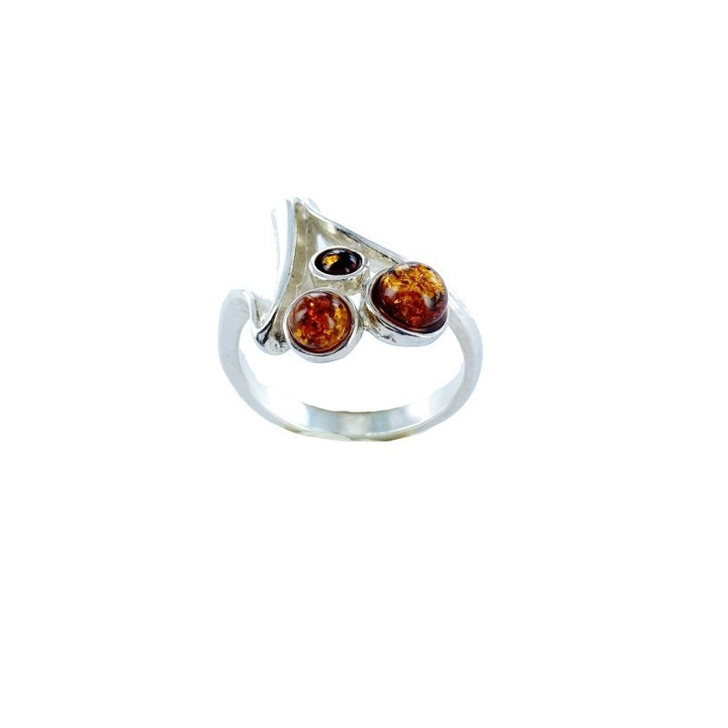 Anello rotondo multipietra in ambra cognac del Mar Baltico, argento 925