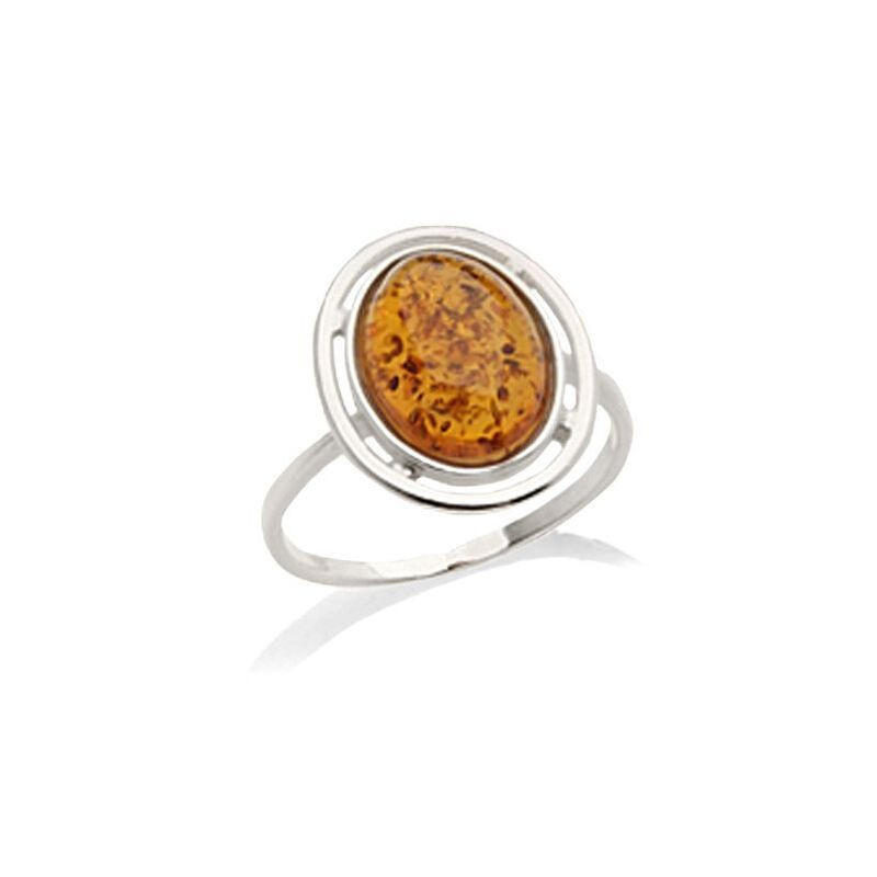 Oval natural Baltic Sea cognac amber ring, rhodium-plated 925 silver