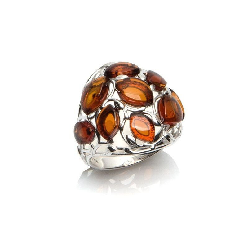 Natural cognac amber ring from the Baltic Sea, rhodium-plated 925 silver