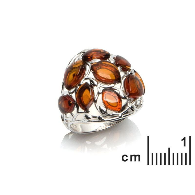 Natural cognac amber ring from the Baltic Sea, rhodium-plated 925 silver