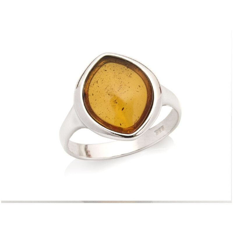 Anello in ambra naturale color cognac del Mar Baltico, navette, in argento 925 rodiato
