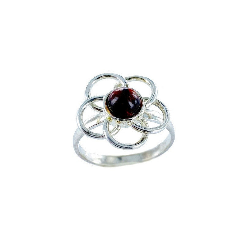 Bague fleur en ambre cognac rond, en argent 925