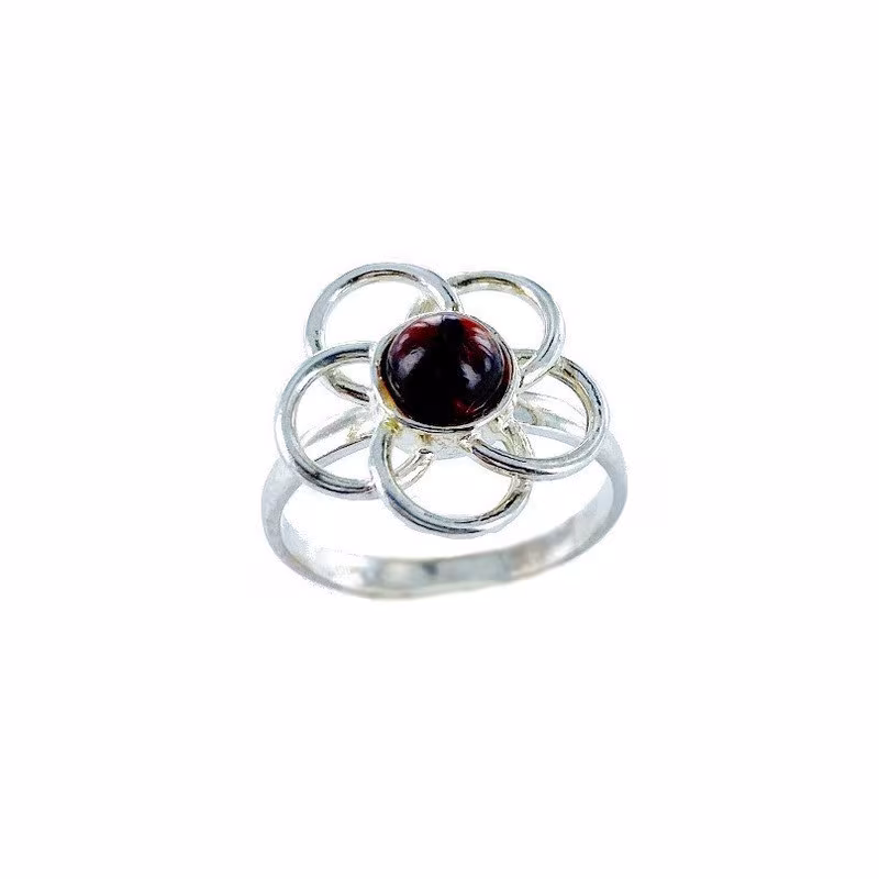 Round cognac amber flower ring, 925 silver