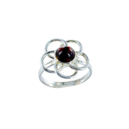 Bague fleur en ambre cognac rond, en argent 925